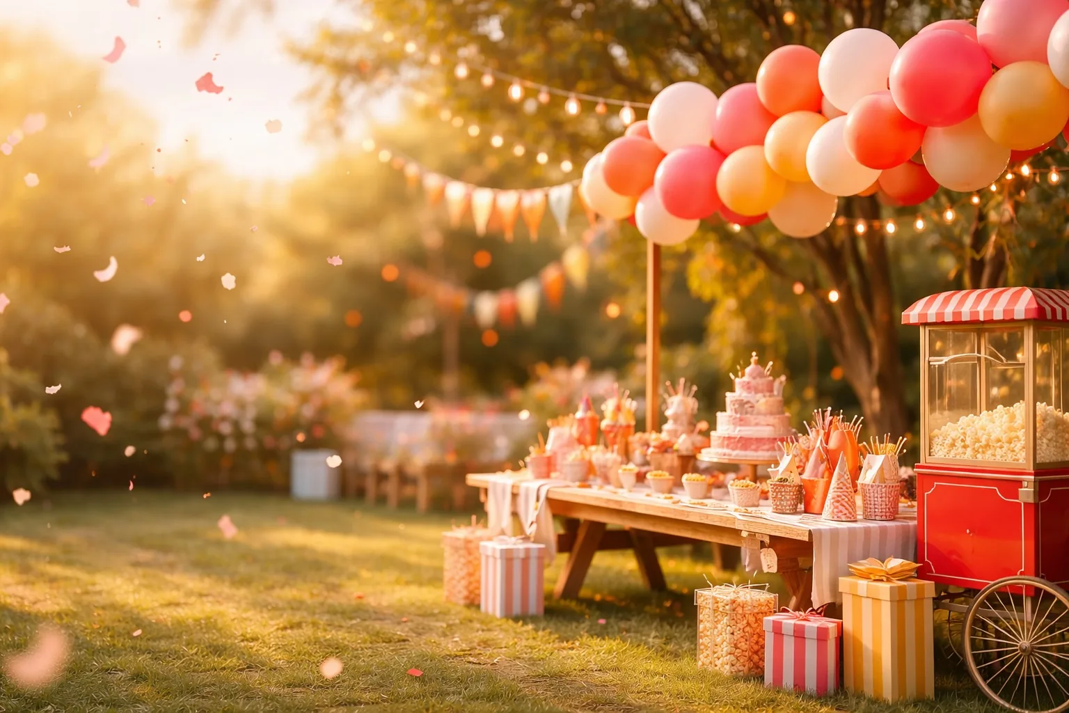 A red popcorn cart and dessert table at an outdoor party