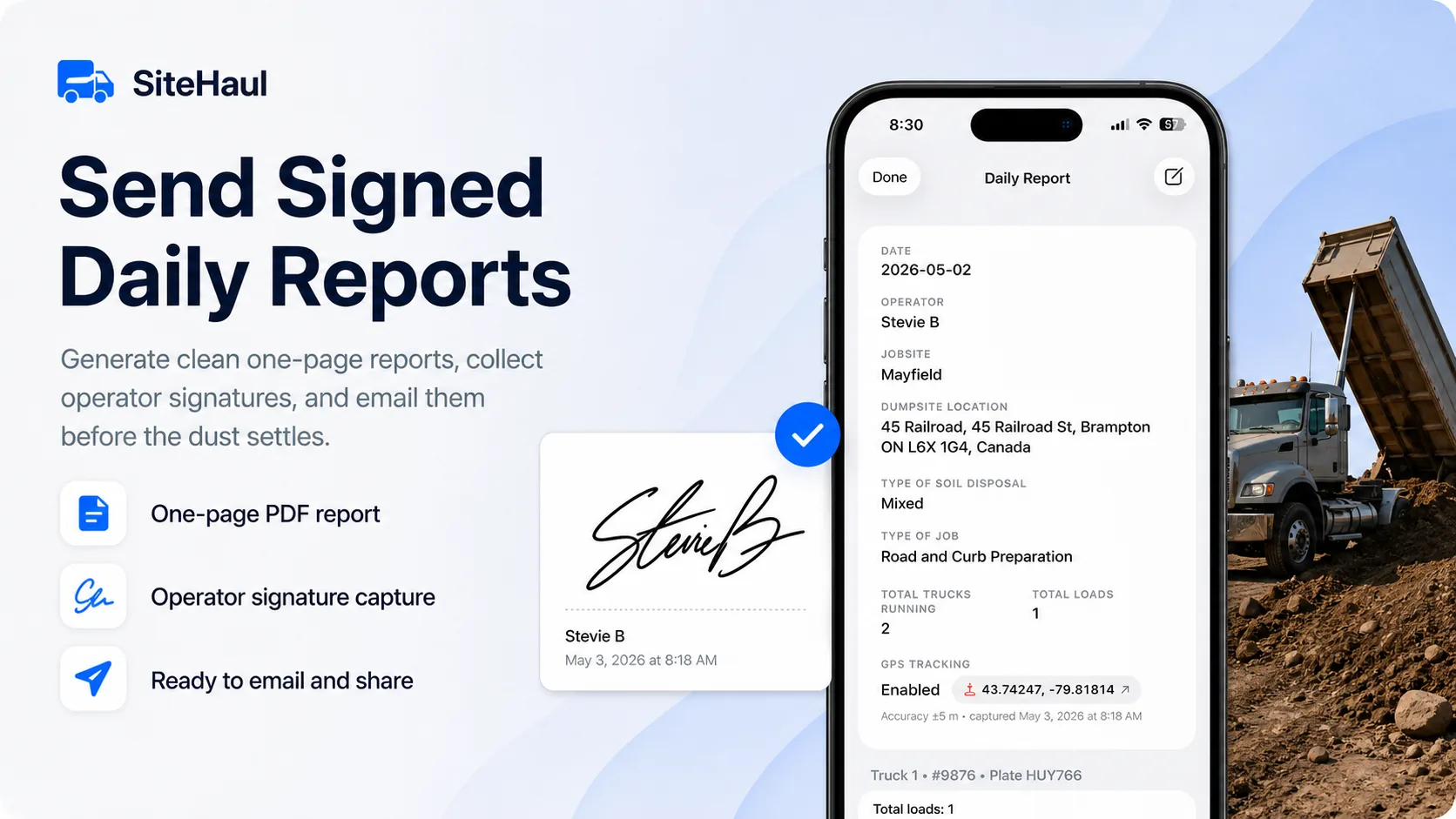SiteHaul In:Out signed daily report