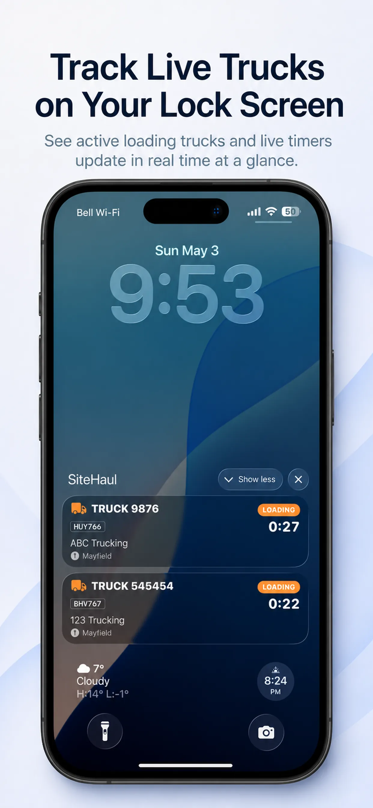 SiteHaul In:Out live truck timer on iPhone
