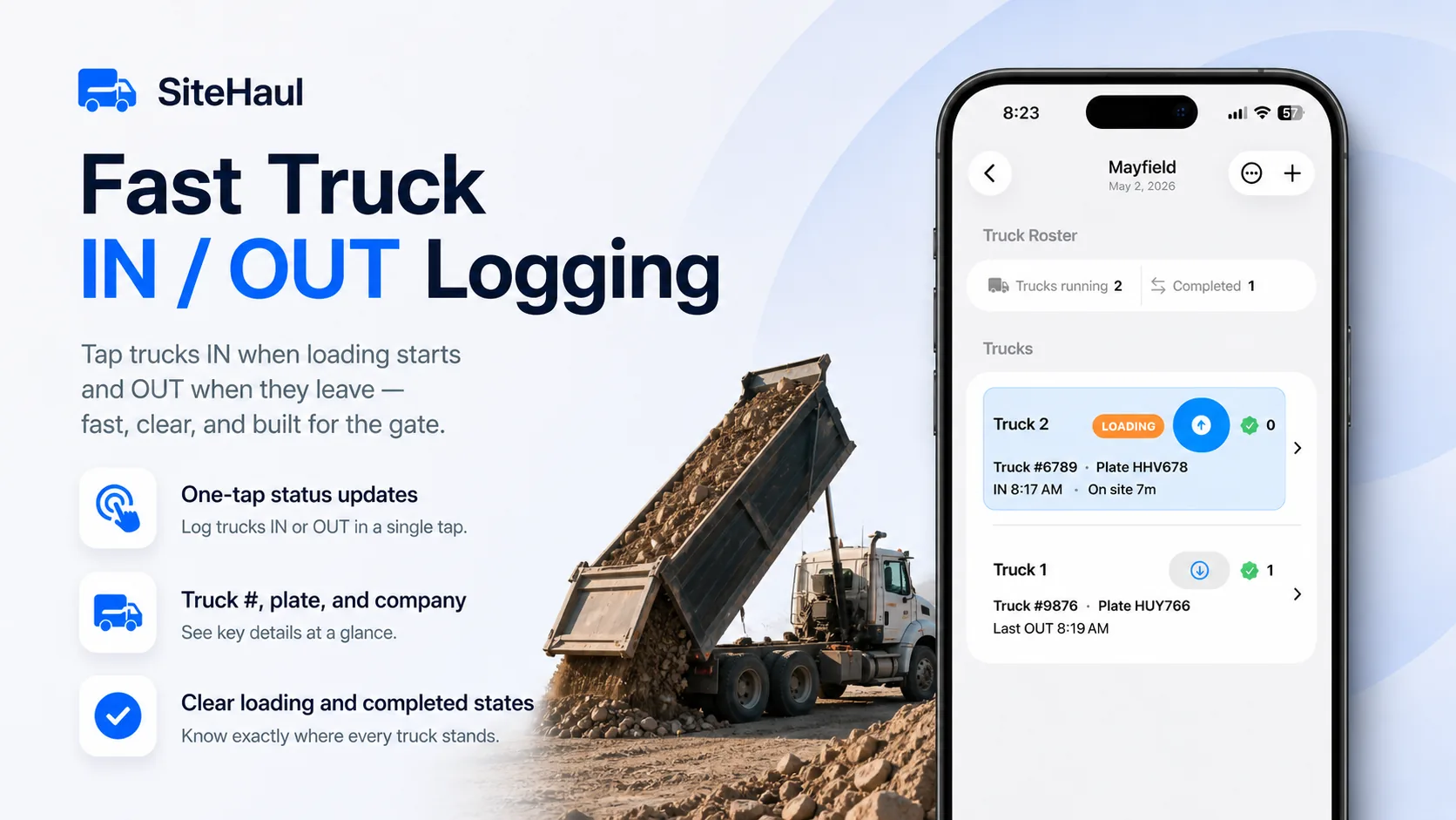 SiteHaul In:Out truck logging screen