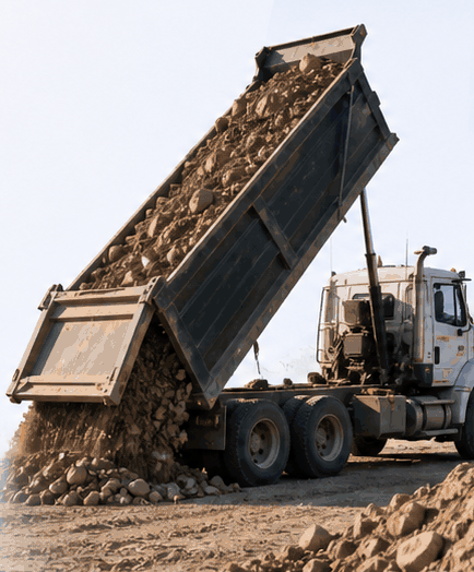 A dump truck unloading at a construction jobsite
