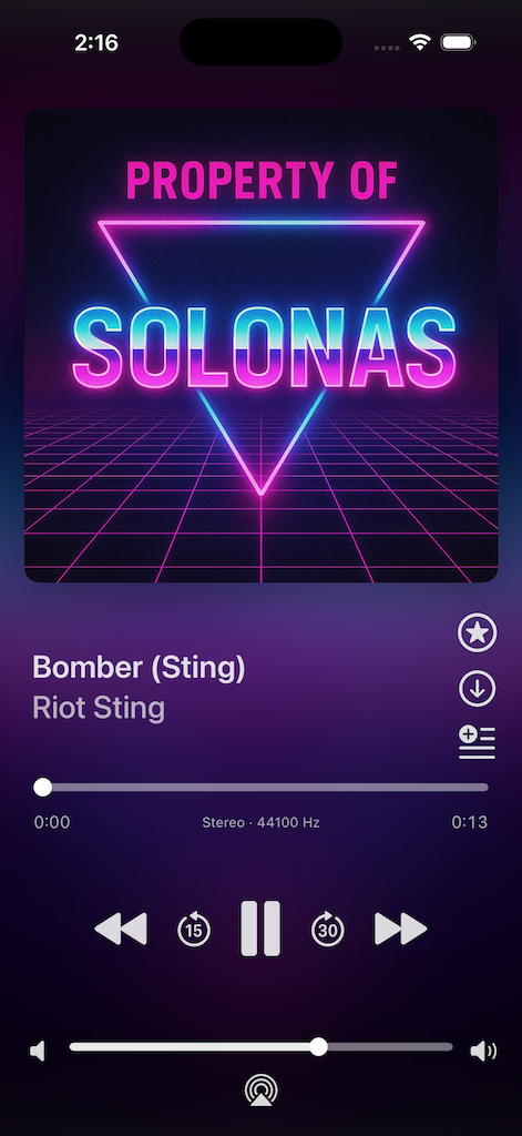 SolonasPlayer now-playing screen on iPhone